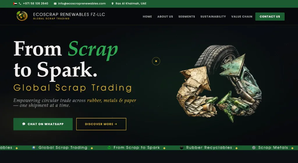 Ecoscrap Renewables marketing homepage hero with From Scrap to Spark messaging