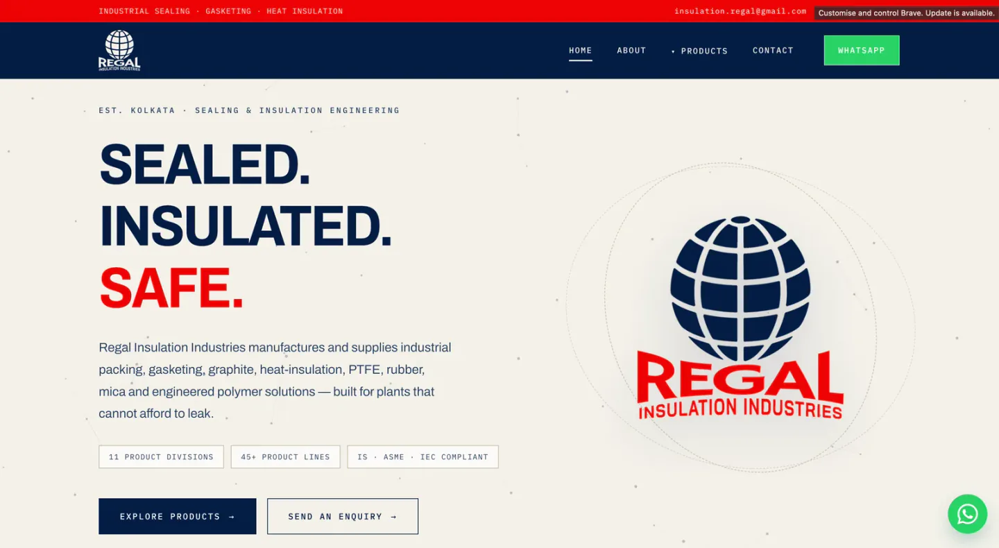 Regal Insulation Industries homepage hero with Sealed Insulated Safe messaging