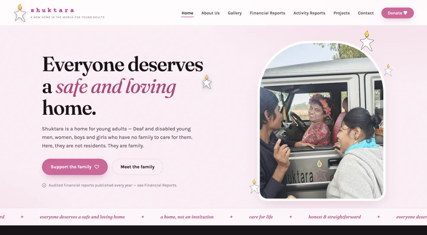 Shuktara public homepage hero with mission headline and family photo