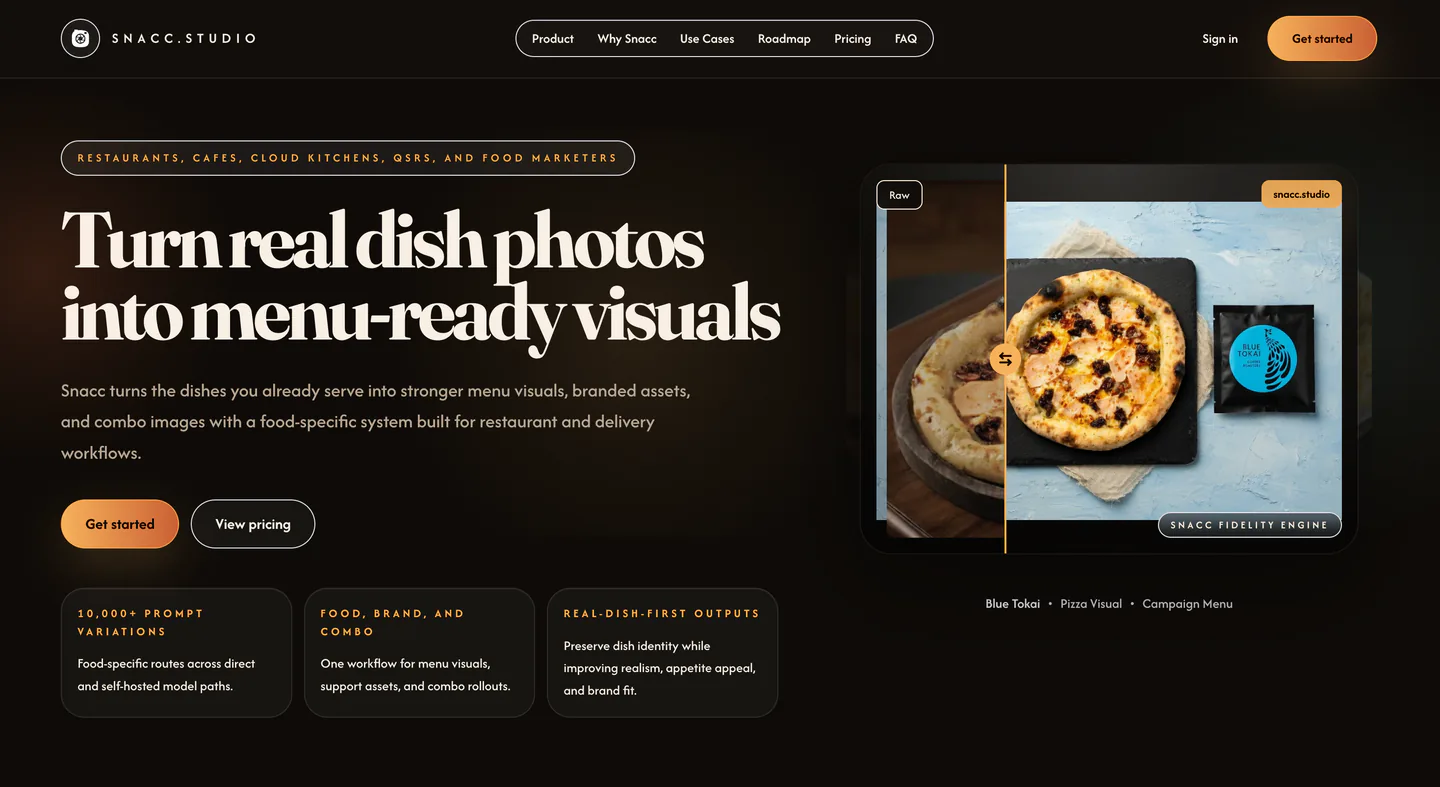 Snacc Studio marketing homepage hero with product messaging and food visuals